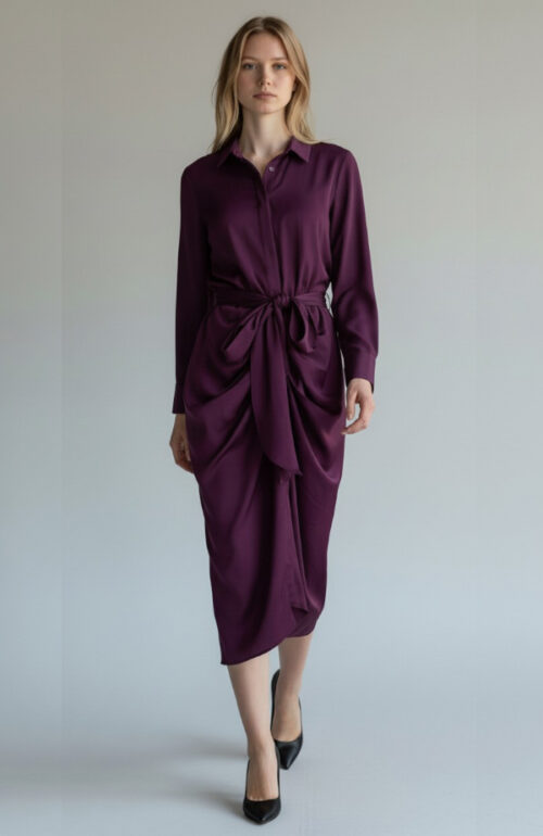 Plum Satin Draped Shirtdress
