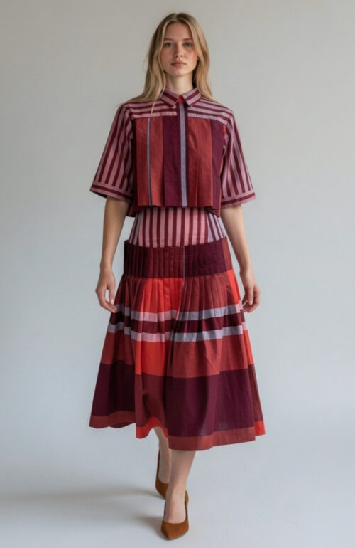 Crimson Pleated Skirt and Pleated Shirt Cord Set